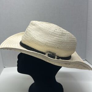 Stetson Cowboy Hat Western Straw Braided Belt Buckle Ivory Black Size Medium